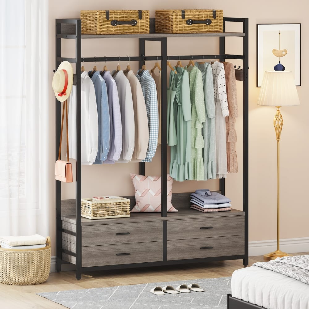 Freestanding Closet Organizer, Clothing Rack with 4 Drawers, 8 Hooks and Storage Shelves - Grey