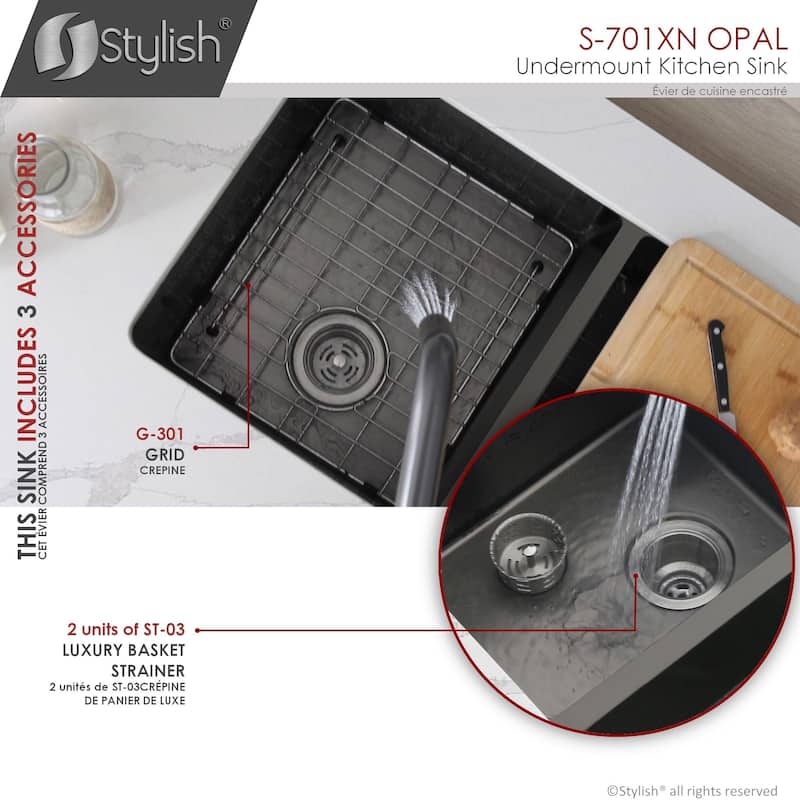 STYLISH 32 inch Graphite Black Double Bowl Undermount Stainless Steel Kitchen Sink with Grids and Basket Strainers Handmade