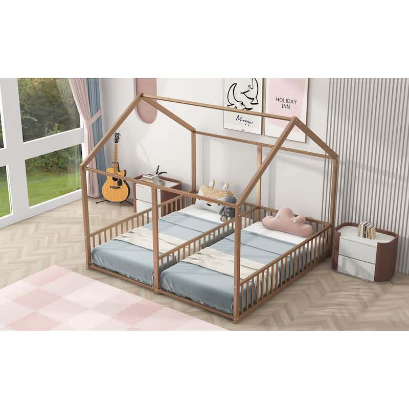 Metal Double Twin House Platform Bed with Guardrail