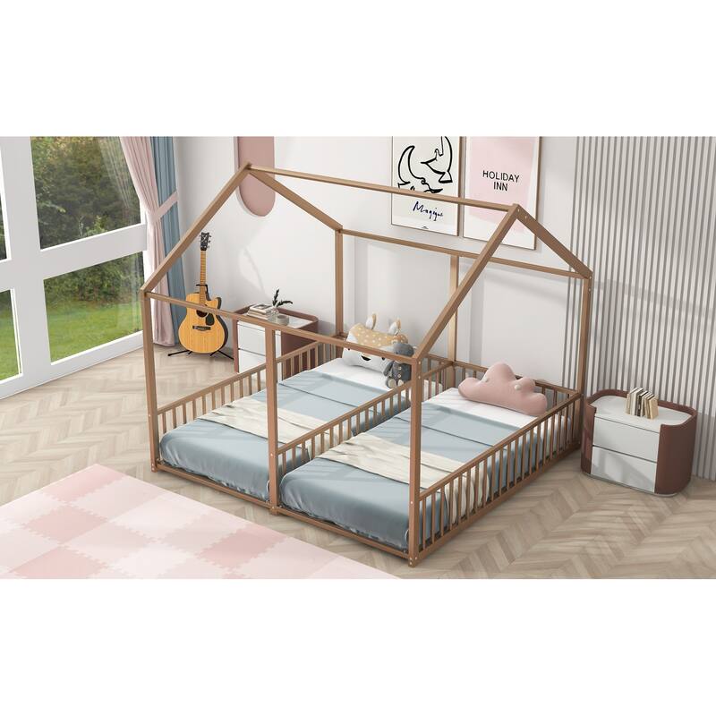 Twin Size Metal House Platform Bed with Roof, Windows, and Guardrails, 2-in-1 Bed Design, Easy Assembly