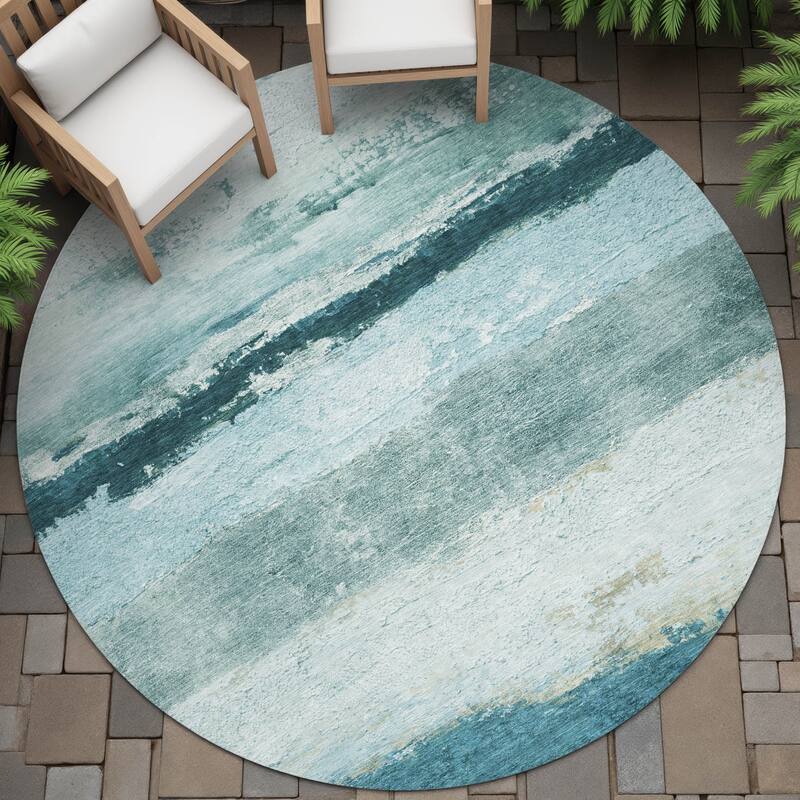 Machine Washable Indoor/Outdoor Watercolor Ombre Chantille Rug - Teal - 8' x 8'