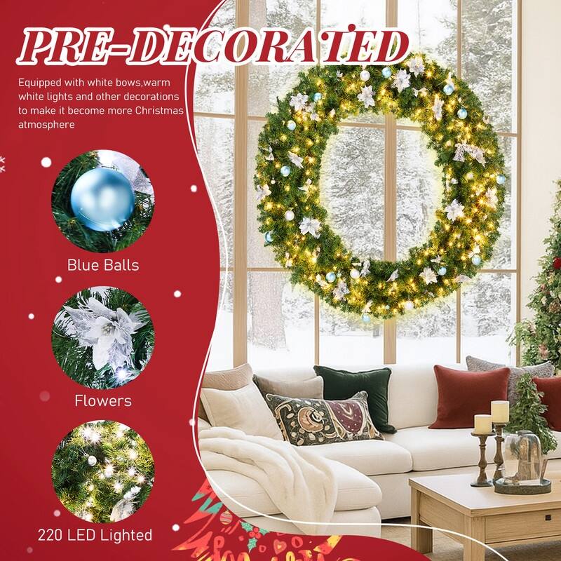 Pre-lit Christmas Wreath, Lighted Artificial Xmas Wreath with Lights and DIY Ornaments, for Xmas Party Decorations