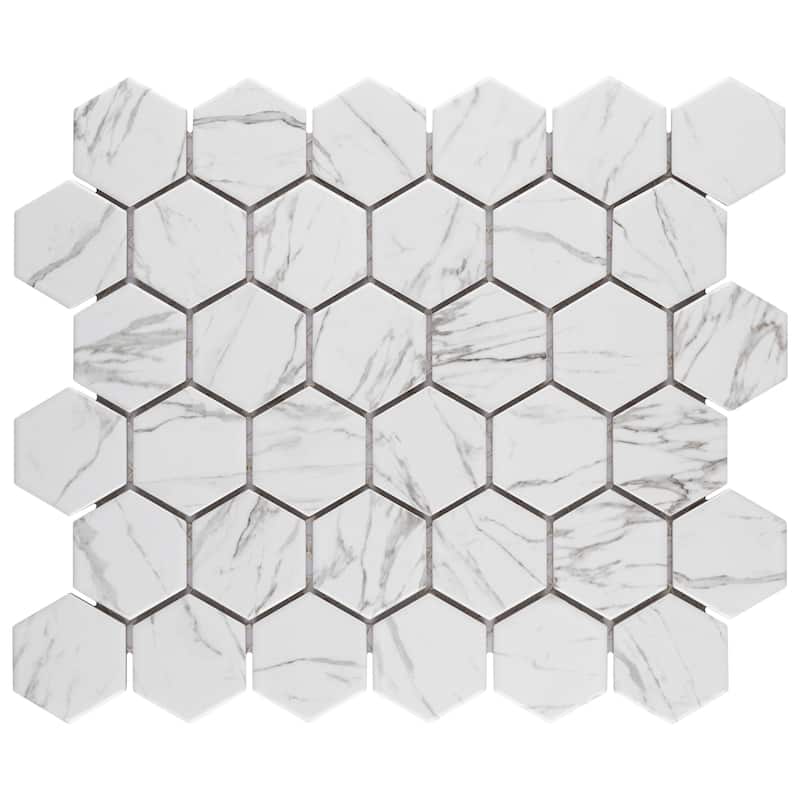 Merola Tile Flo 2" Hex White 11-1/8" x 12-5/8" Porcelain Mosaic Floor and Wall Tile - Case (10 Tiles)