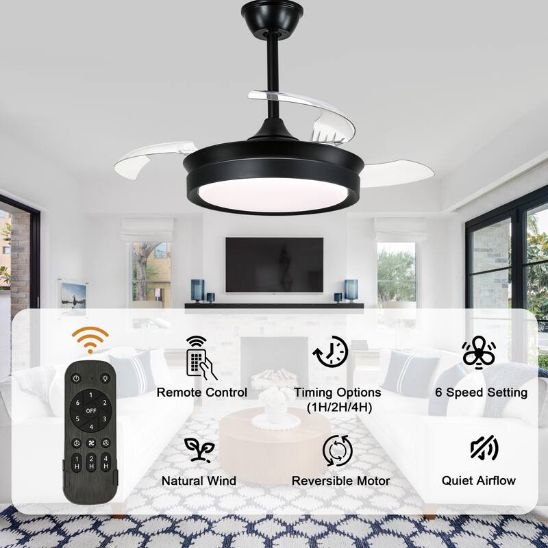 Bella Depot 36" Modern Retractable Ceiling Fan with Dimmable Led Light and Remote, 6-Speed Reversible DC Motor