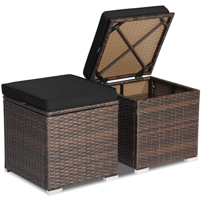 Gymax 2PCS Rattan Ottomans Seat Side Table Storage Box Footstool w/