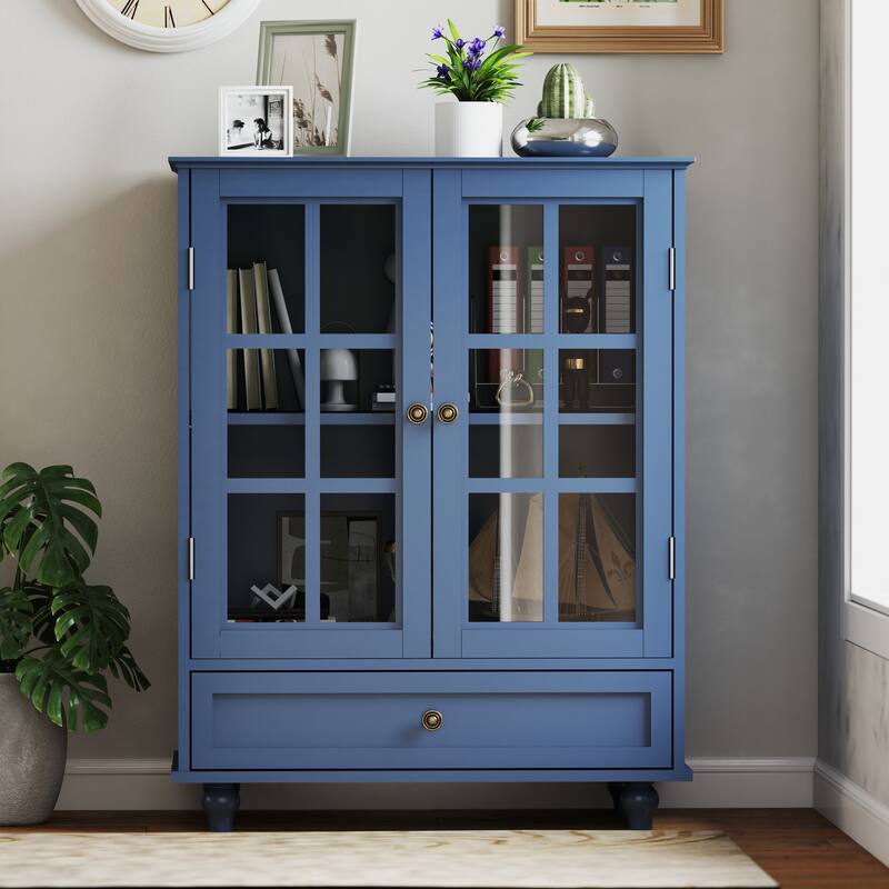 Buffet Cabinet with Double Glass Doors and Drawer, Modern Wooden Storage Sideboard Cupboard for Living room, Dining Room