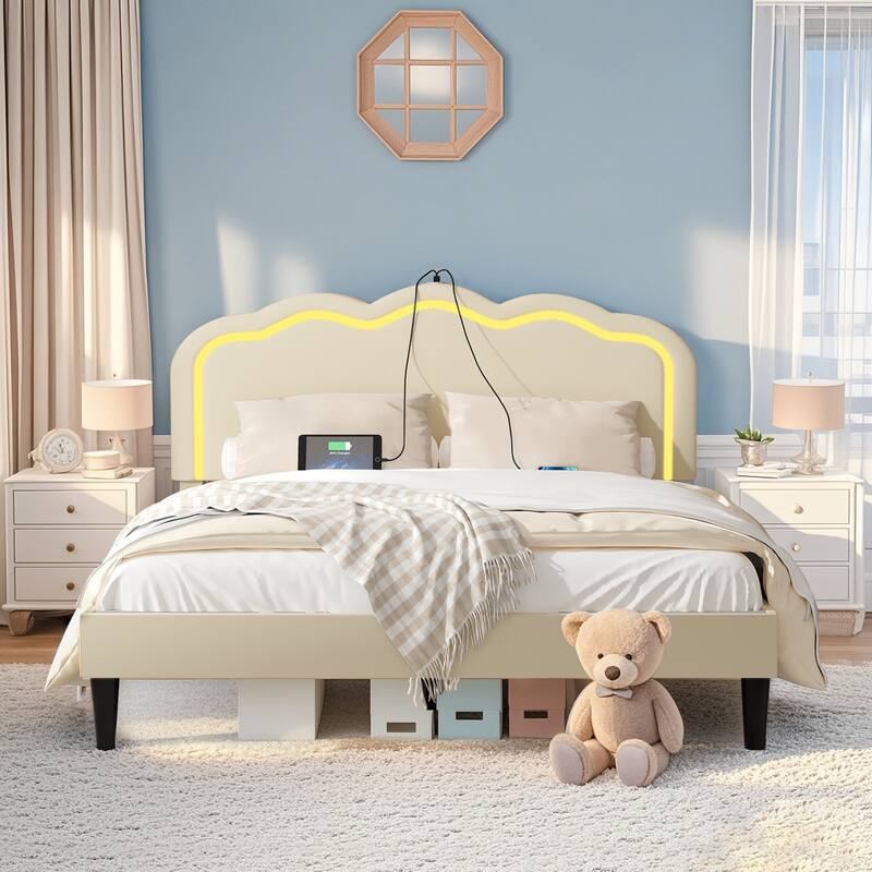 VECELO Upholstered Bed Frame with Headboard Adjustable,LED Lights, USB-A & Type-C,Velvet Platform Bed No Box Spring Needed
