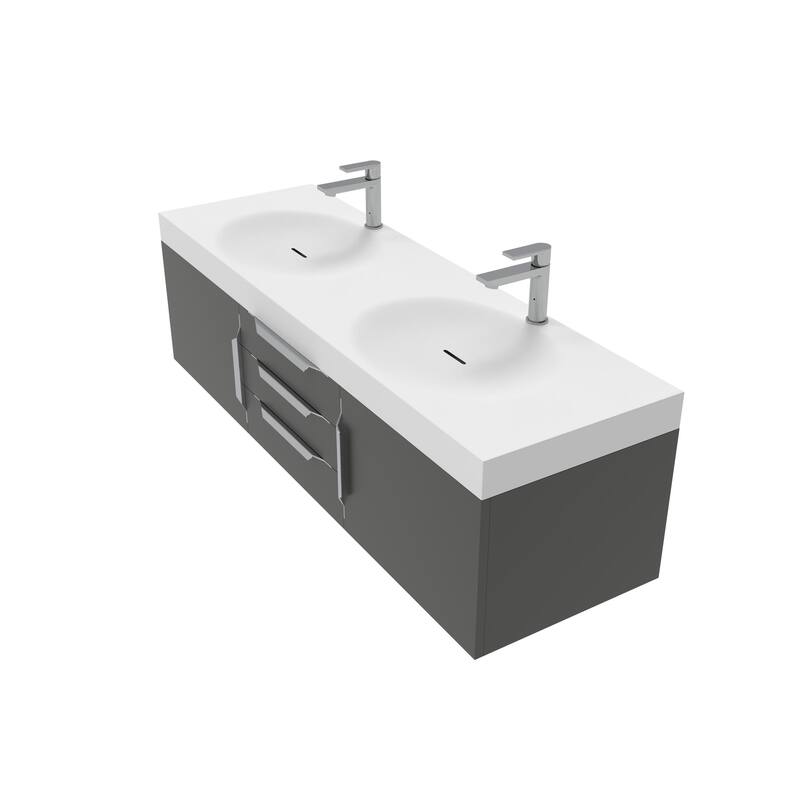 Thames 60" Shallow Basin Wall Mounted Bathroom Vanity Set w/ White Top