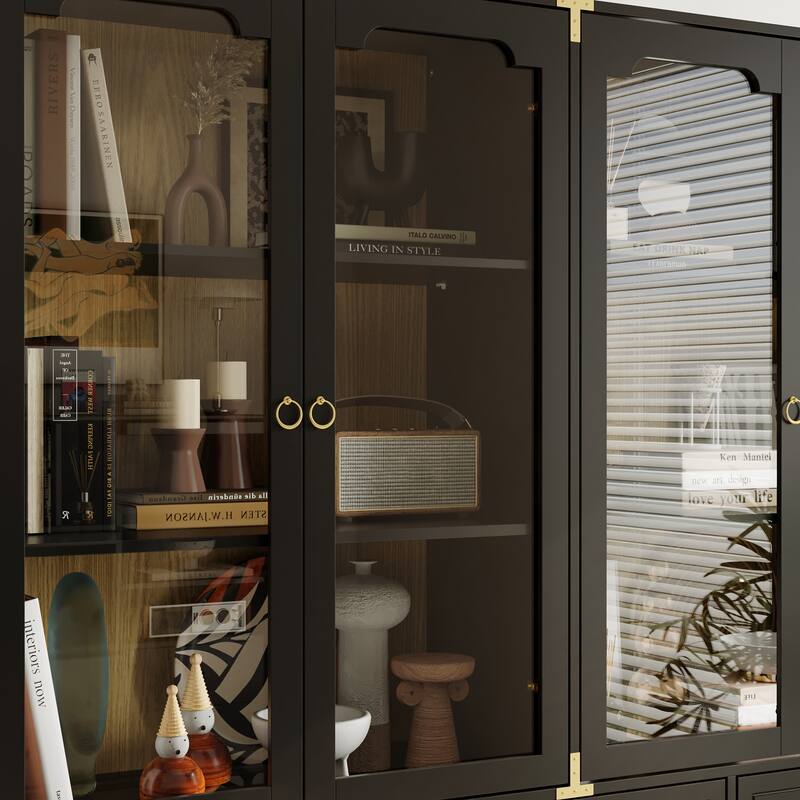 Bookshelves Black Display Cabinet with Glass Doors, Wood Grain Back, Metal Corner Accents - 66.1"x74.8"