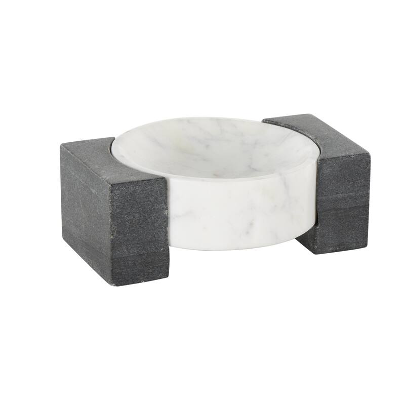 Marble Geometric Round Tray with Black Rectangular Blocks - White - Roche River Decor