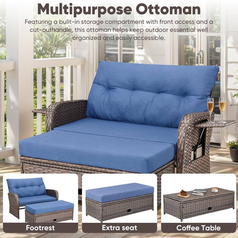 Chaise Lounge Outdoor Double PE Wicker Rattan Patio Reclining Chair - Brown