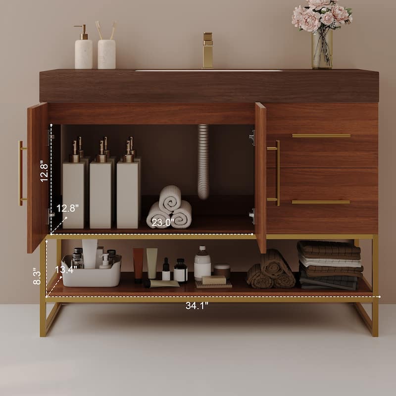 36 Inch Modern Bathroom Vanity with Seamless Ceramic Sink, Freestanding Cabinet with Gold Accents and Storage