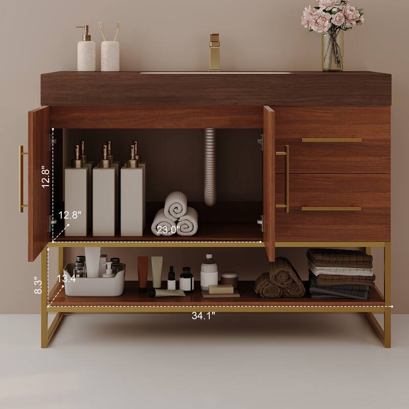 GDFStudio - Luxury 36" Freestanding Sintered Stone Bathroom Vanity with Seamless Ceramic Sink, Open Storage & Soft-Close Drawers