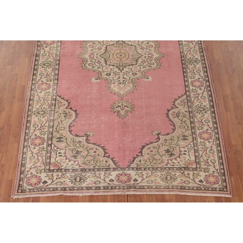 Pink Anatolian Turkish Vintage Area Rug Handmade Wool Carpet - 6'3" x 9'10"