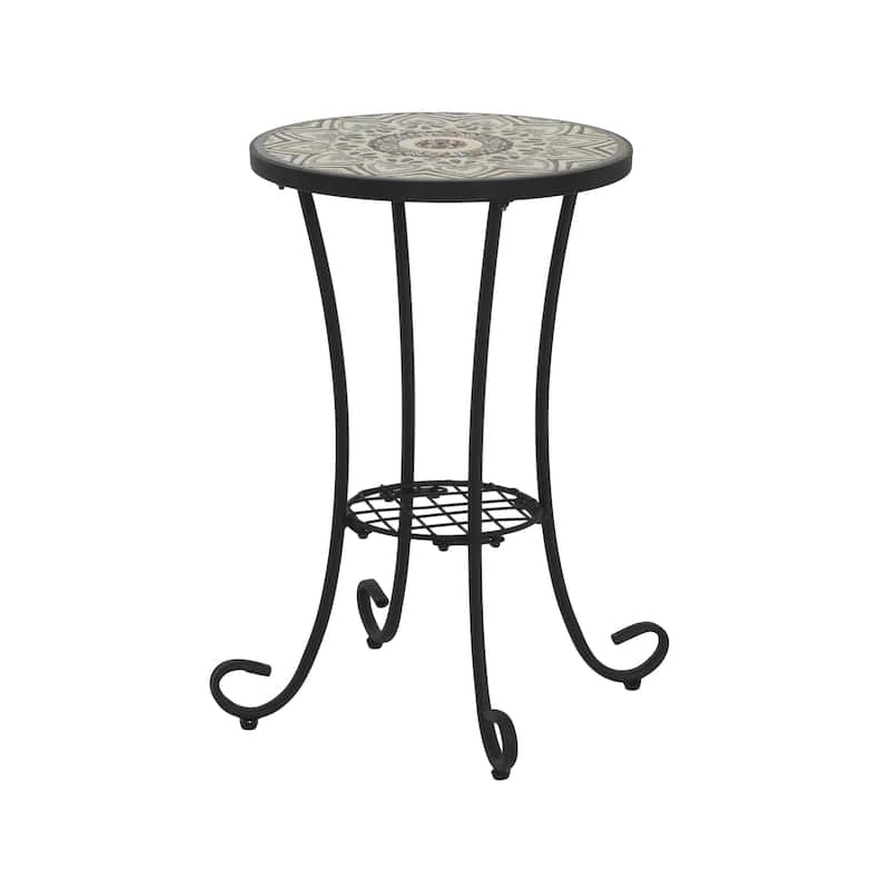 Roomfitters Outdoor Patio Side Table with Ceramic Tile Top and Lower Shelf, Floral
