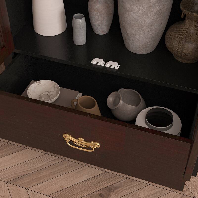 Oak Finish Fir Wood Wooden Curio Cabinet Display Storage Case Bathroom Cabinet Bookcase - 70.9"Hx31.5"W