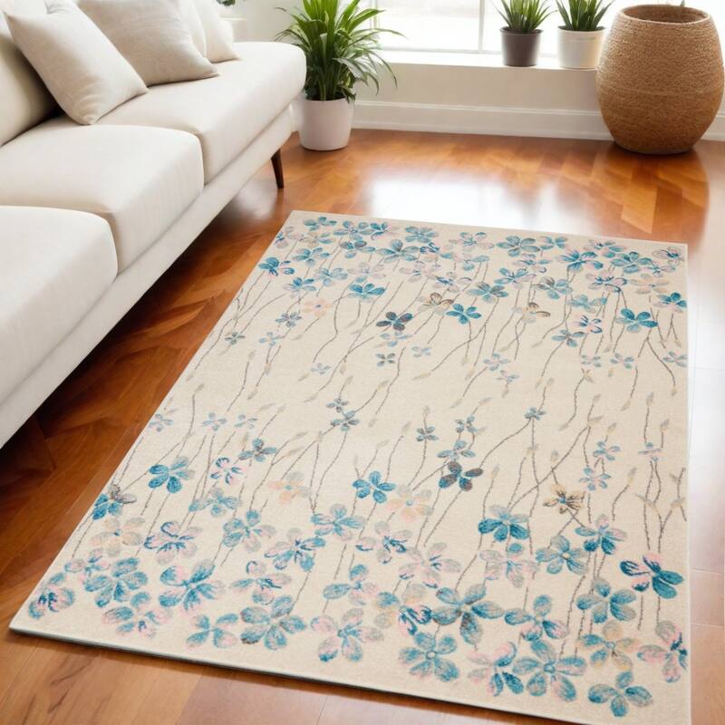 HomeRootsFloral Contemporary Rectangle Area Rug - 87' X '63' X '0.5 - 87' X '63' X '0.5 - Blue/Ivory
