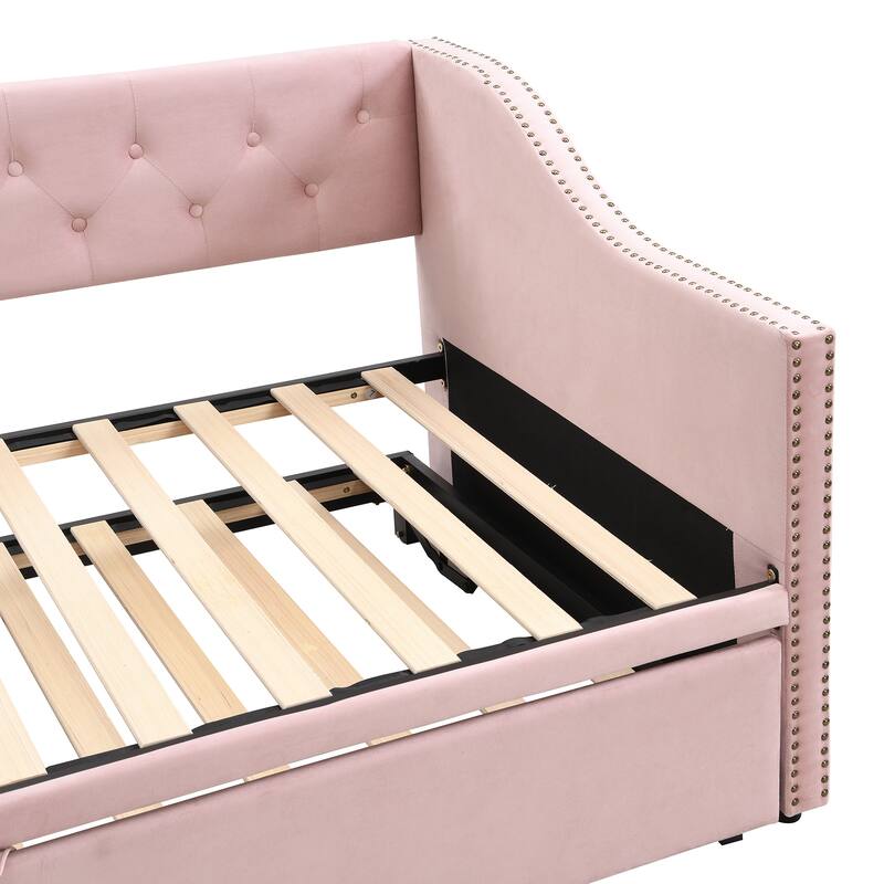 Twin Size Upholstered daybed with Pop Up Trundle, Pink
