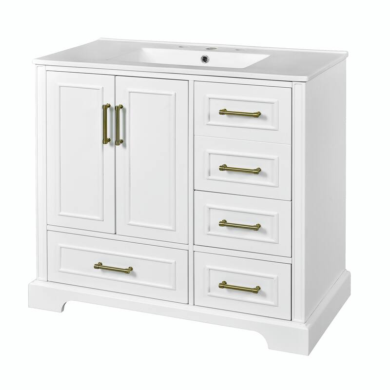 36" Bathroom Vanity with Ceramic Sink - Soft Close Doors and Four Storage Drawers