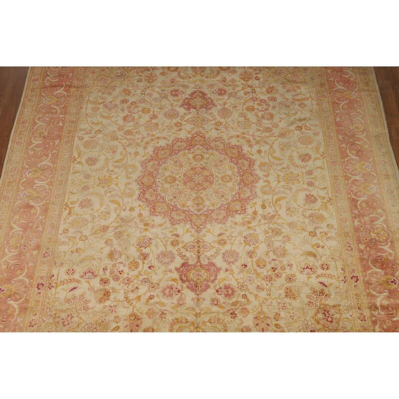 Hand Knotted Oriental 100% Wool Carpet Traditional Floral Beige & Ivories Tabriz Area Rug - 11' 0'' X 8' 4''