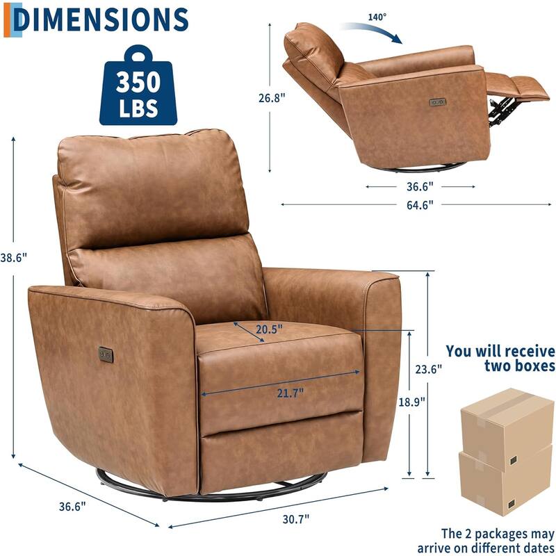 Power Recliner Swivel Chair Rockery Glider PU Leather Nursery Chair with USB Port
