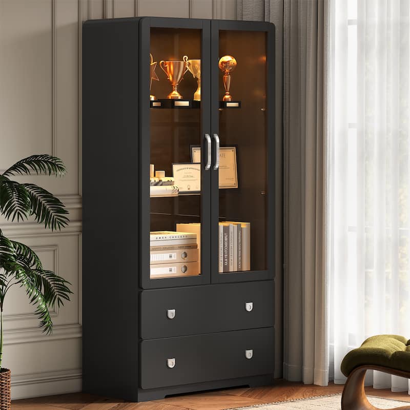 64'' Tall Display Cabinet with Acrylic Doors and LED Lights - N/A