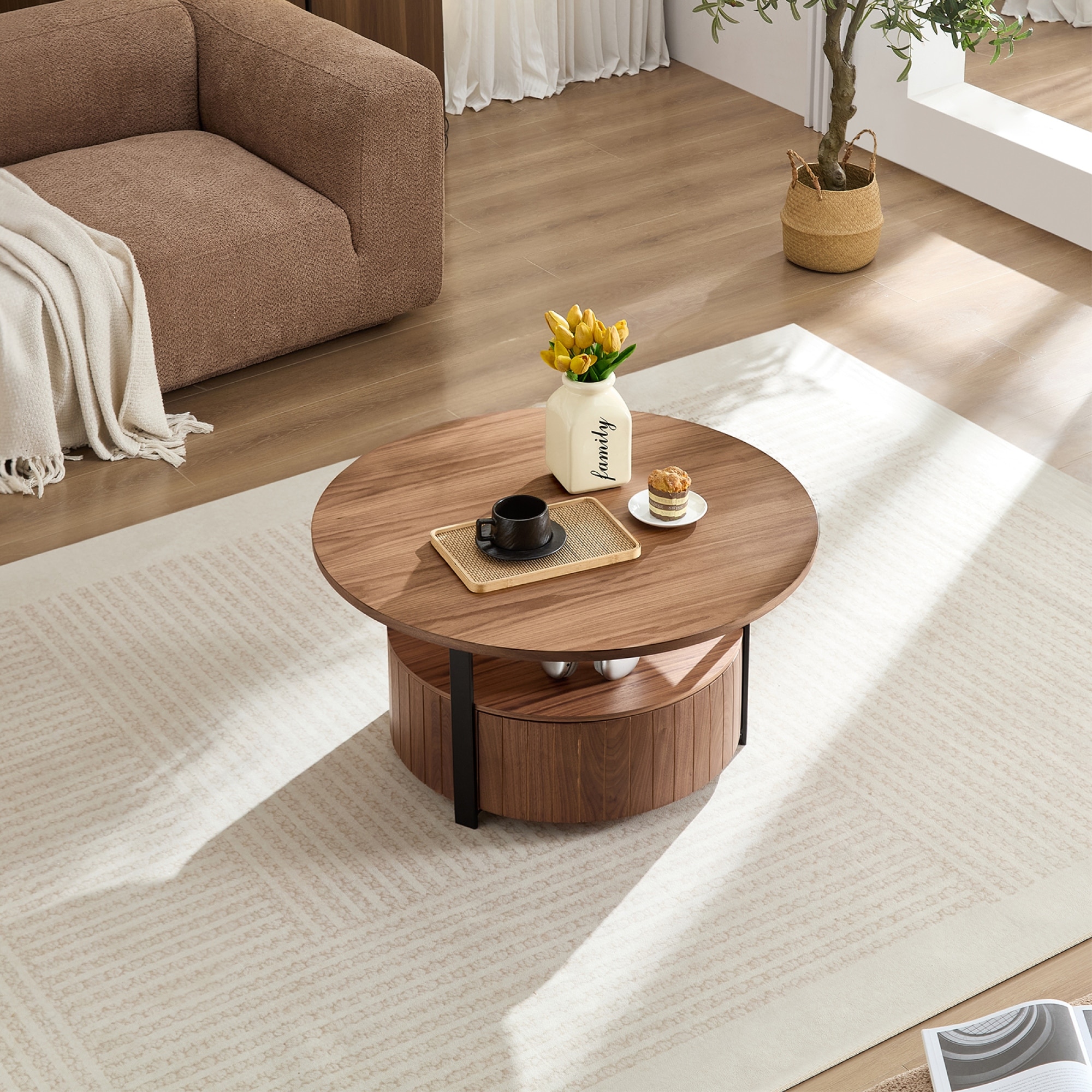 Roomfitters Round Wood Coffee Table, Rustic Charm Center Accent Table with Storage for Living Room
