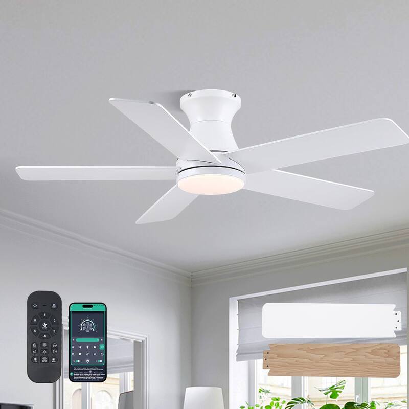 46"/52" Inches Flush Mount Modern Quiet Ceiling Fan with Light and Remote,5 Blades,for Living room,Bedroom - White-46"