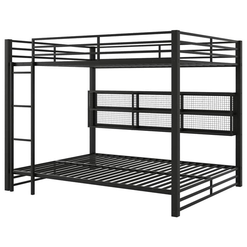 Metal Queen over Queen Bunk Bed with Storage Cabinets and LED, Black