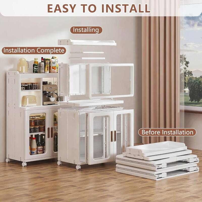 VECELO White Plastic Storage Cabinet with Wheels and Transparent Doors No Tools Assembly Required Multi-Purpose Organizer