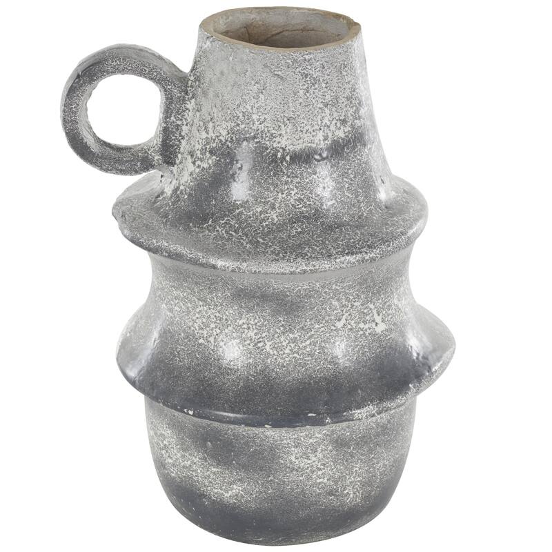 Light Gray Paper Mache Distressed Fluted Decorative Vase with Light Gray Texturing and Ring Handle