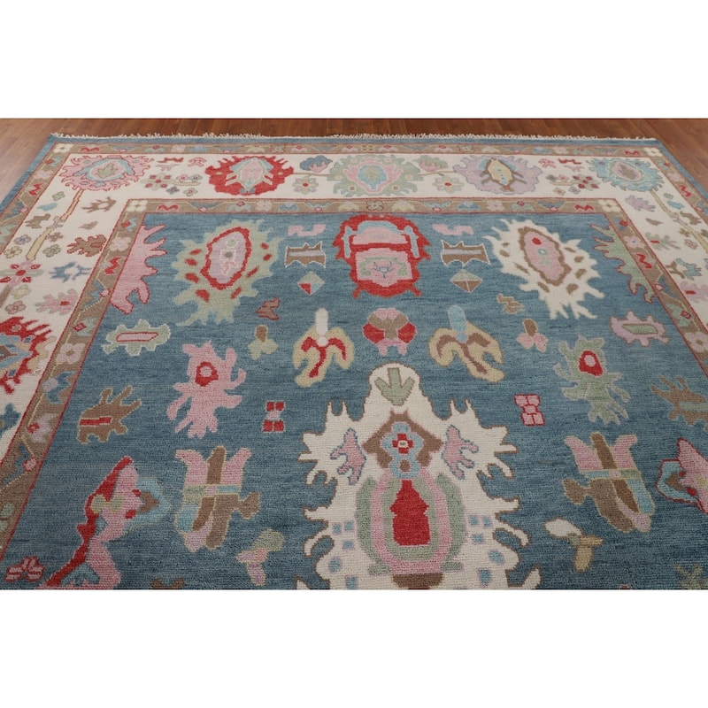 Light Blue Floral Oushak Large Area Rug Handmade Wool Carpet - 9'11" x 13'8"
