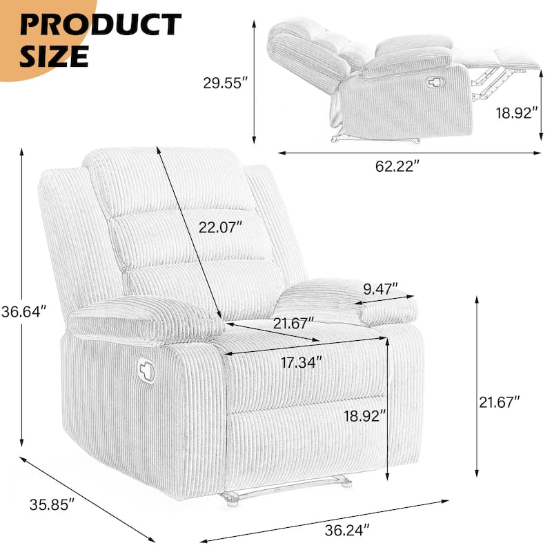 Overstuffed Cotton Corduroy Manual Pushback Recliner with Wide Armrest