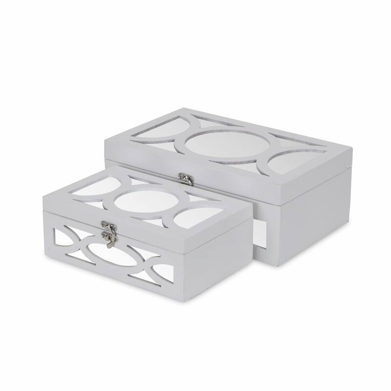 HomeRoots Set of Two White Mirrored Glass And Wood Box With Lid