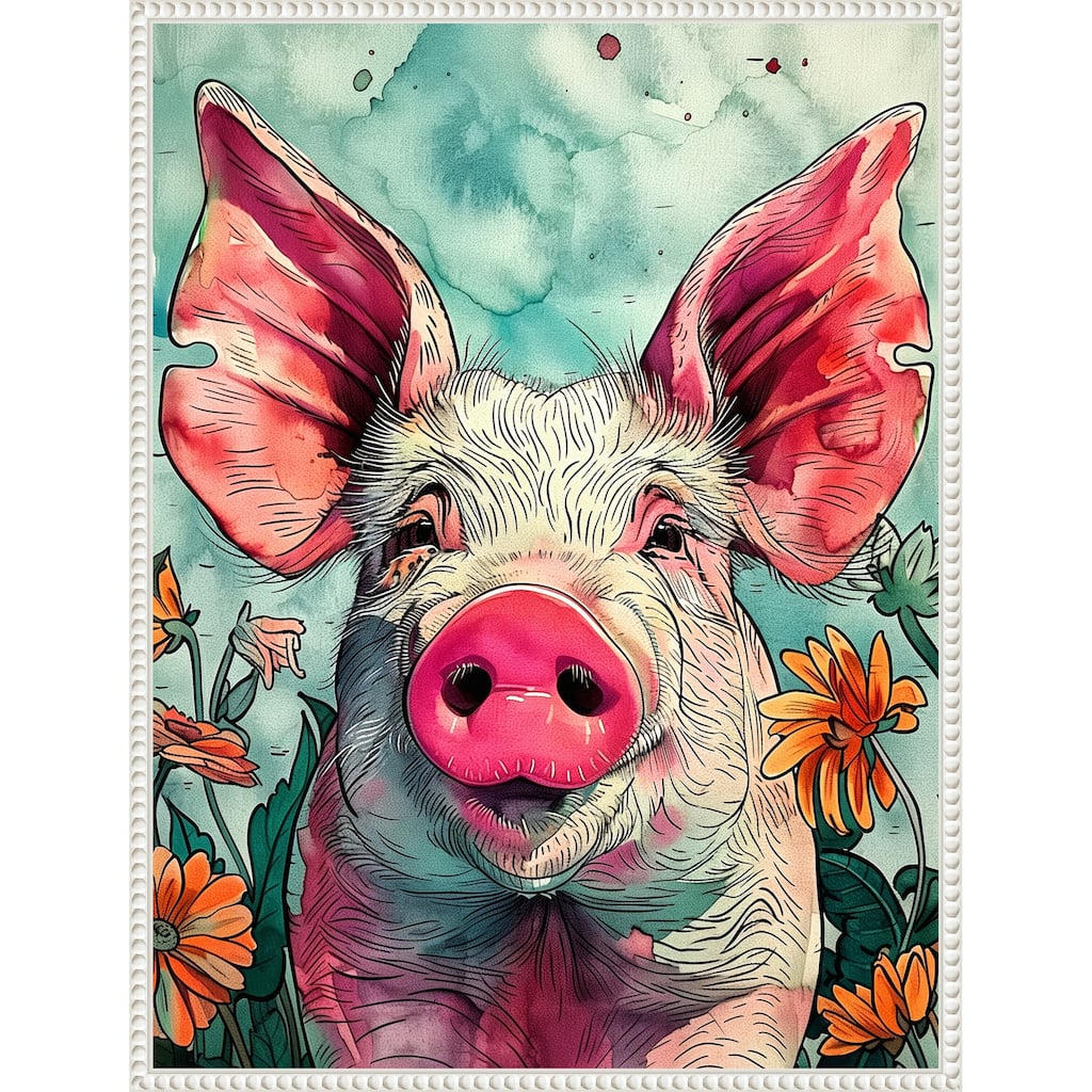 Pig in Flowers by Justyna Jaszke Framed Canvas Wall Art