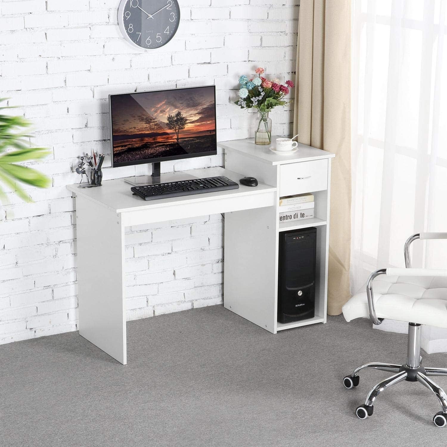 Computer Desk PC Laptop Table with Drawer and Shelf-White