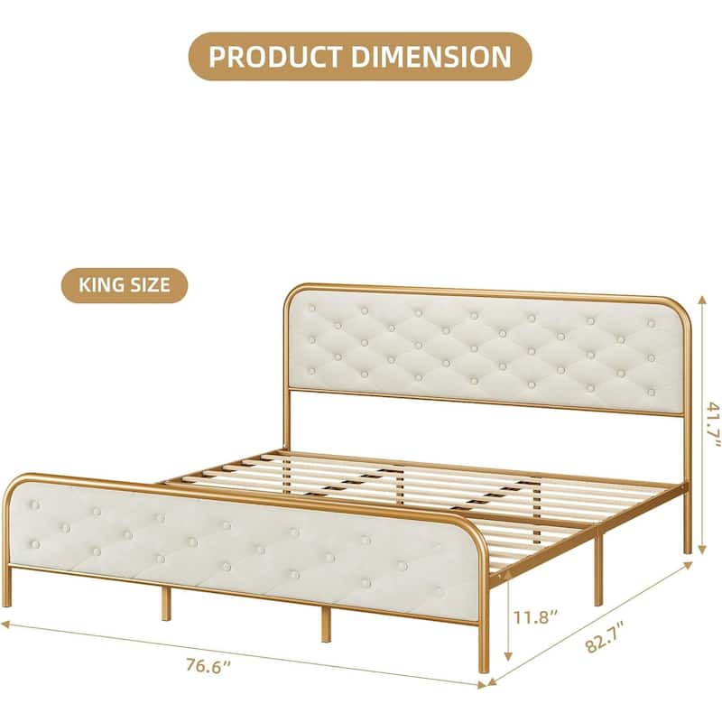 Velvet King Bed Frame with Golden Base, Curved Button Tufted Headboard, Sturdy Wood Slats, Noise-Free Platform