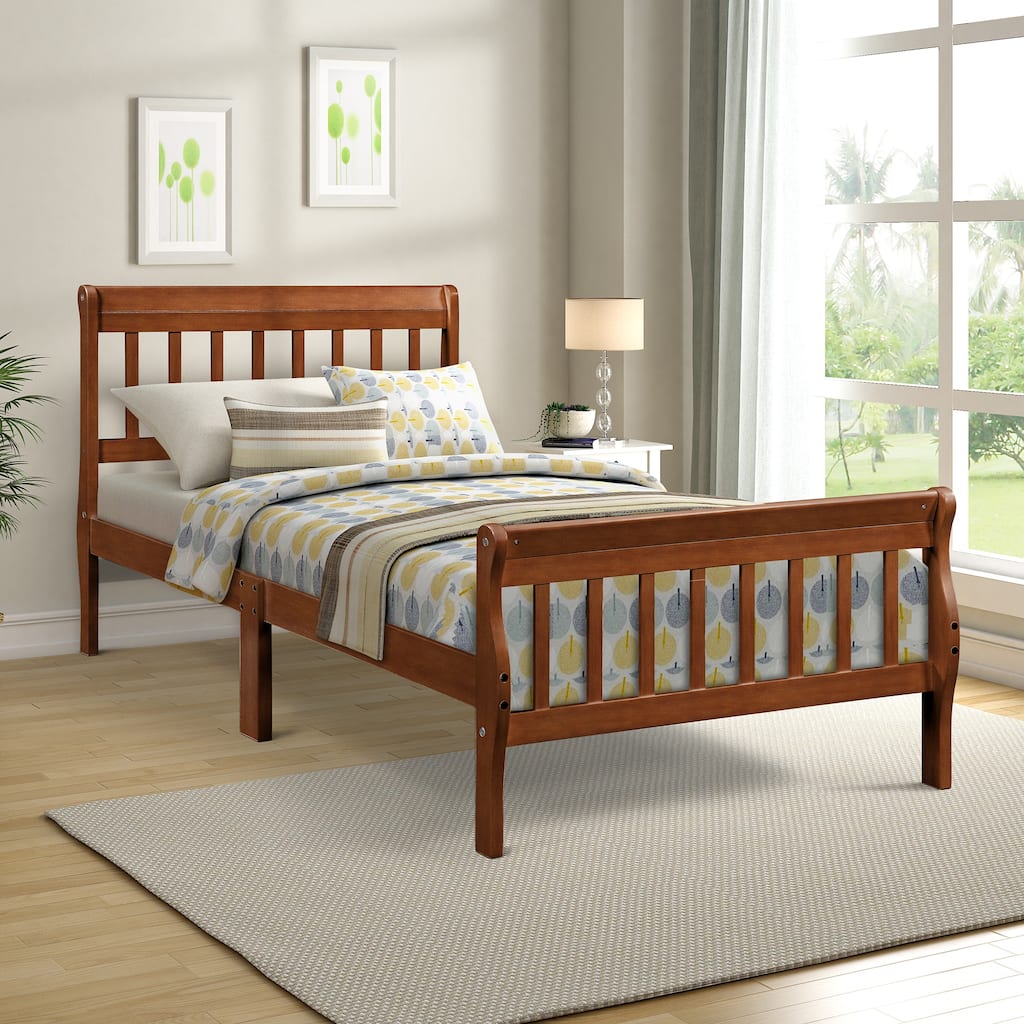 Twin Wood Platform Bed Frame with Headboard and Footboard, Walnut Finish, No Box Spring Needed