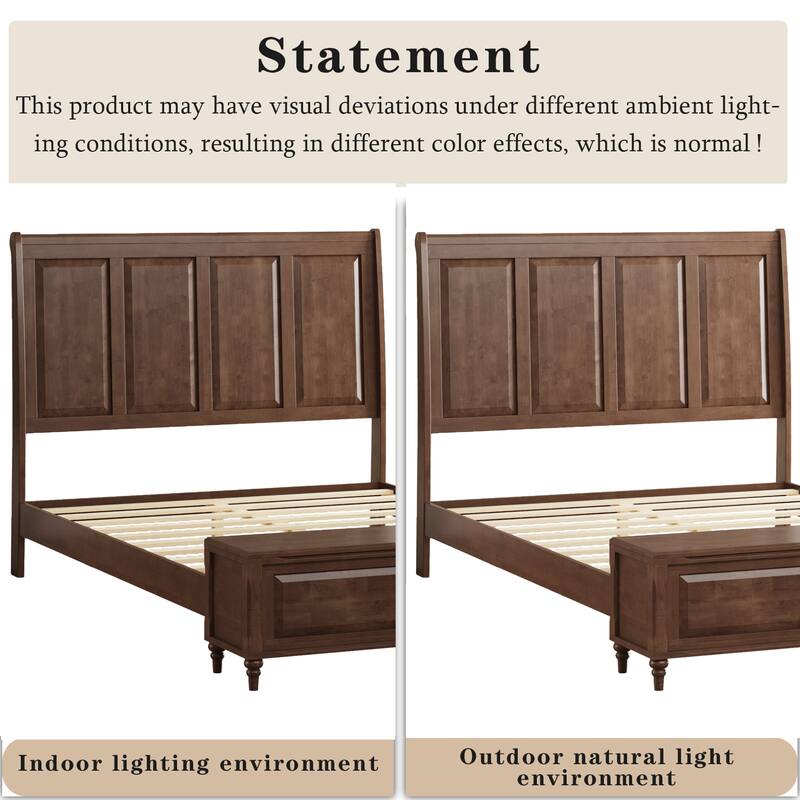 GDFStudio - Traditional Solid Wood Sleigh Bed Frame with High Paneled Headboard & Storage Chest Bench, No Box Spring Needed