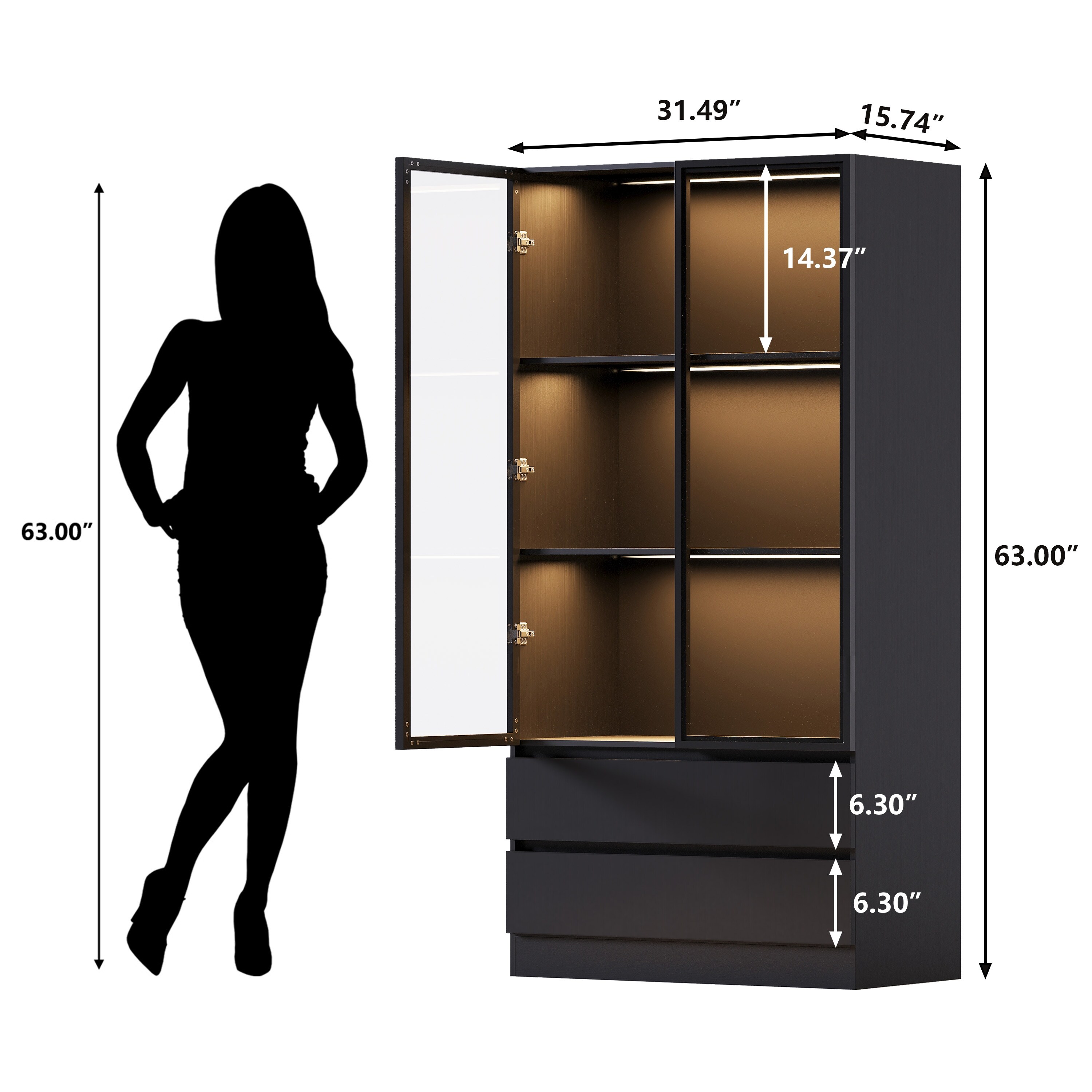 ROOMTEC Glass Display Cabinet - 64x31.7x14.3 Inches, 4 Shelves, Double Doors, Tempered Glass, Black Finish