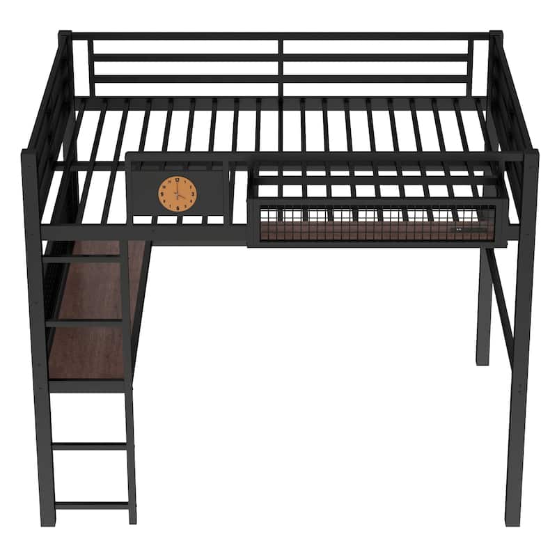 Metal Loft Bed with Desk & Storage Basket, Includes Alarm Clock & Charging Port, Queen/Full/Twin XL