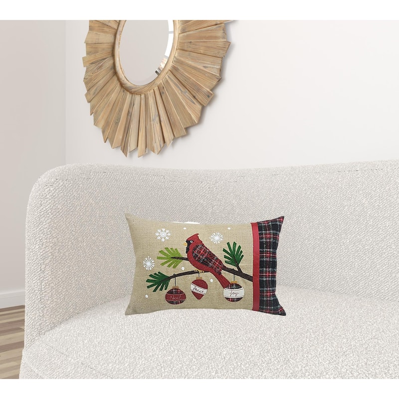 14" X 20" Beige and Red Bird Christmas Jute Pillow With Applique