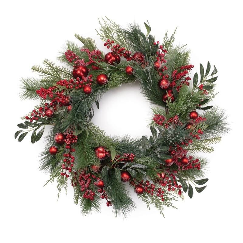 HomeRoots 25" Green And Red Artificial Pine Berries And Ornaments Christmas Wreath