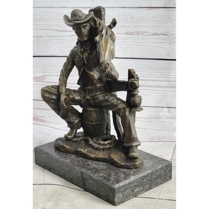 Cowboy Horse Sitting Having A Drink Bronze Statue Sculpture Country Western