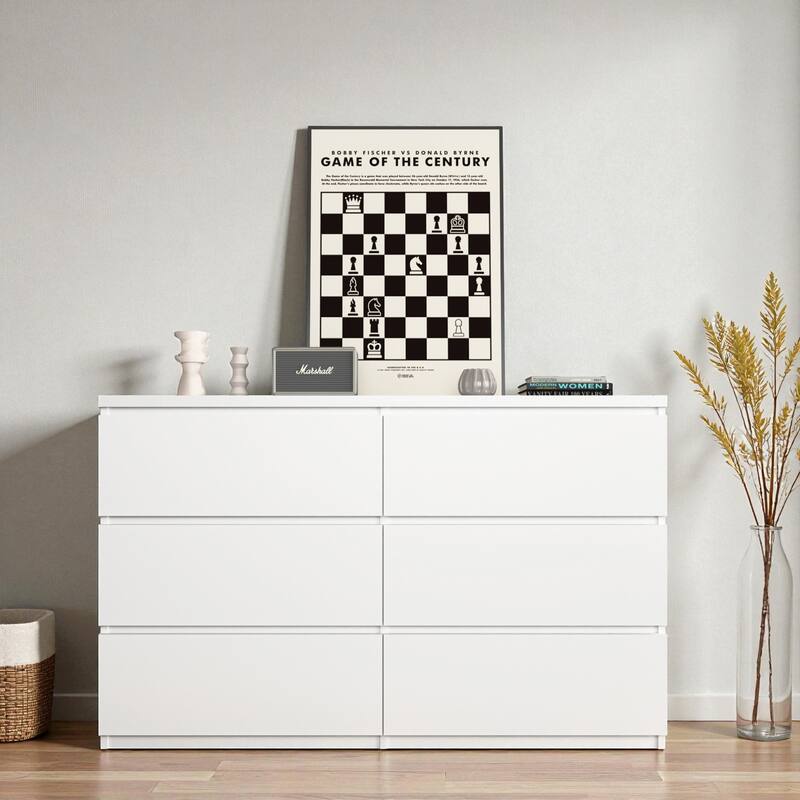 Modern 6-Drawer Dresser Wide Storage Cabinet Wood Clothes Organizer Chest for Bedroom Living Room Entryway Hallway - White