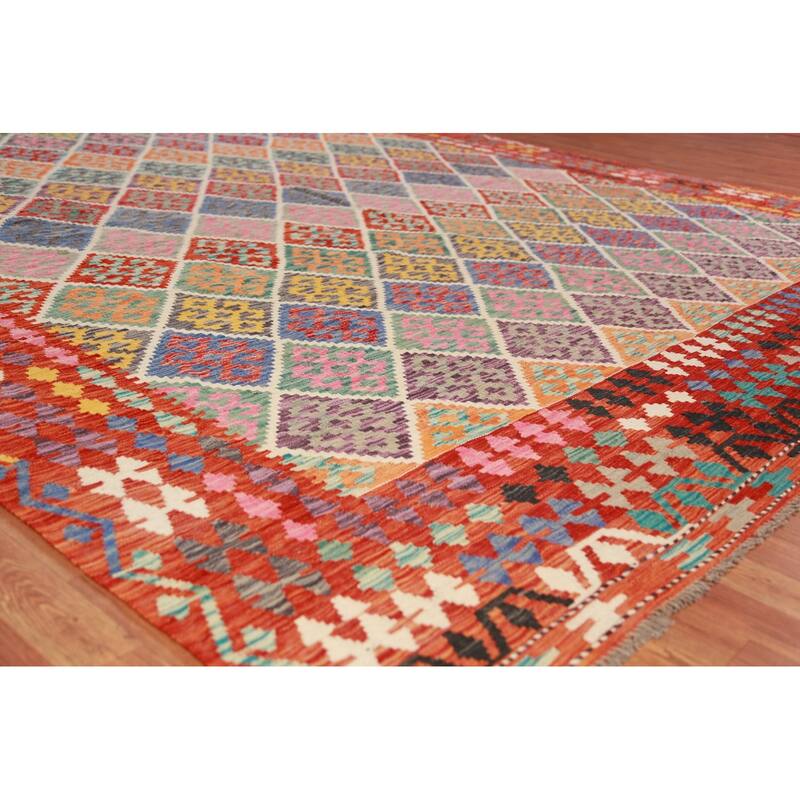 All-Over Trellis Kilim Oriental Large Rug Hand-Woven Wool Carpet - 10'8"x 12'11"