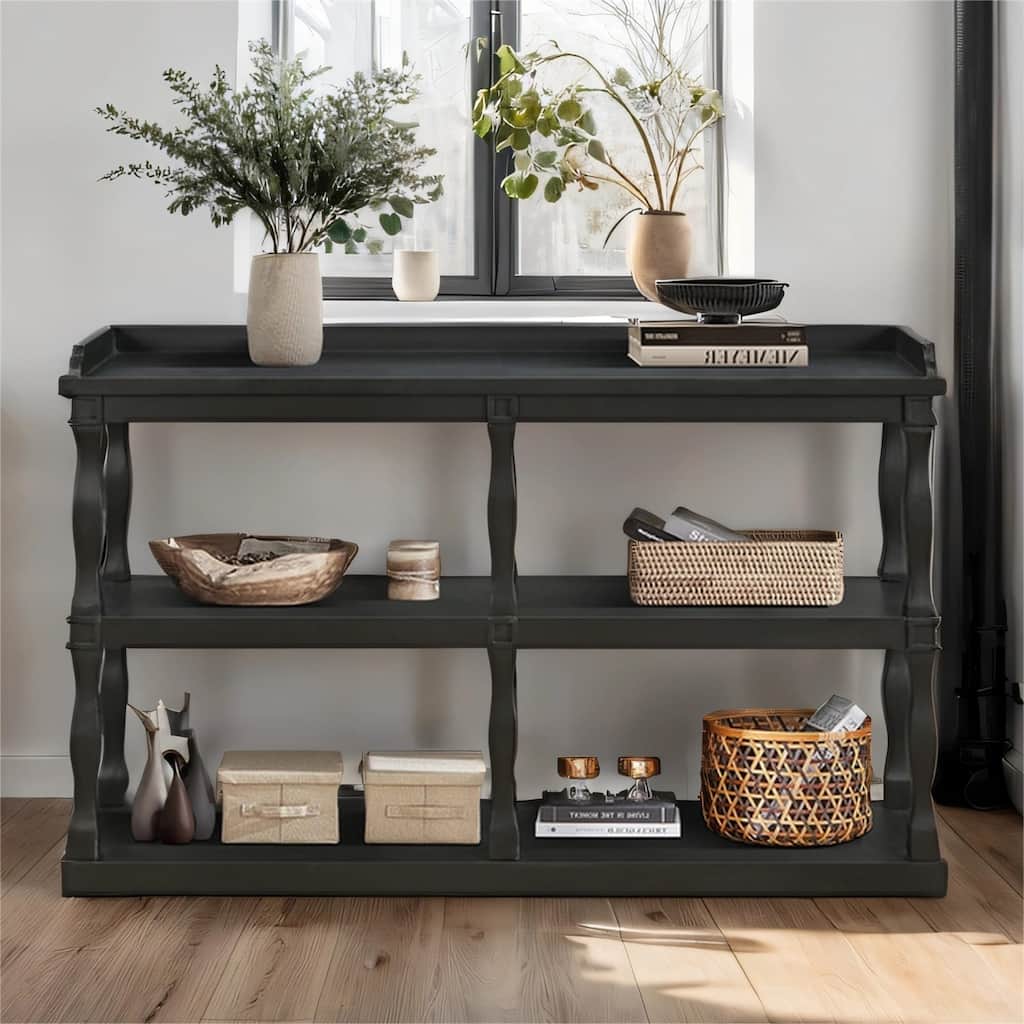 Console Table with 3-Tier Storage Spaces, Roman Column Effect Legs
