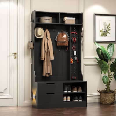 4-in-1 Coat Rack, Hall Tree with Shoe Bench and Storage Compartment, Entryway Bench with Hanging Hooks and Open Shelves