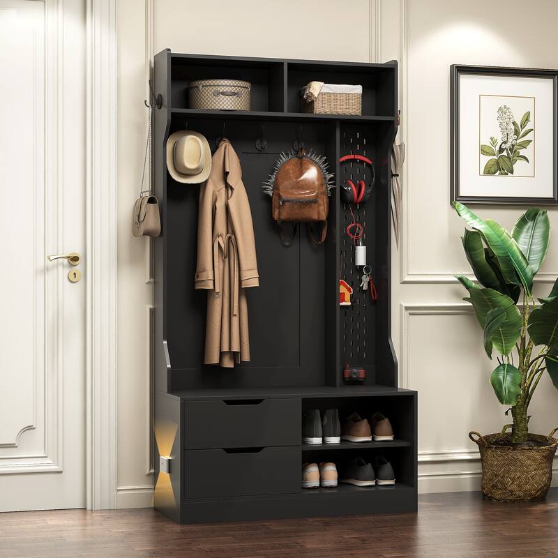 Entrance Coat Rack Bench Indoor Bench with Drawers and Open Shelves, Hallway Decorative Bench with Cabinets and Hooks