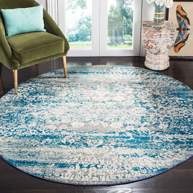 SAFAVIEH Aria Janos Vintage Boho Oriental Rug - 6'5" Round - Blue/Creme